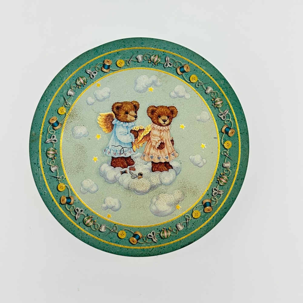 Enesco Sewing Button Tin Lucy & Me 1982 Green Vintage Teddy Bear Angel